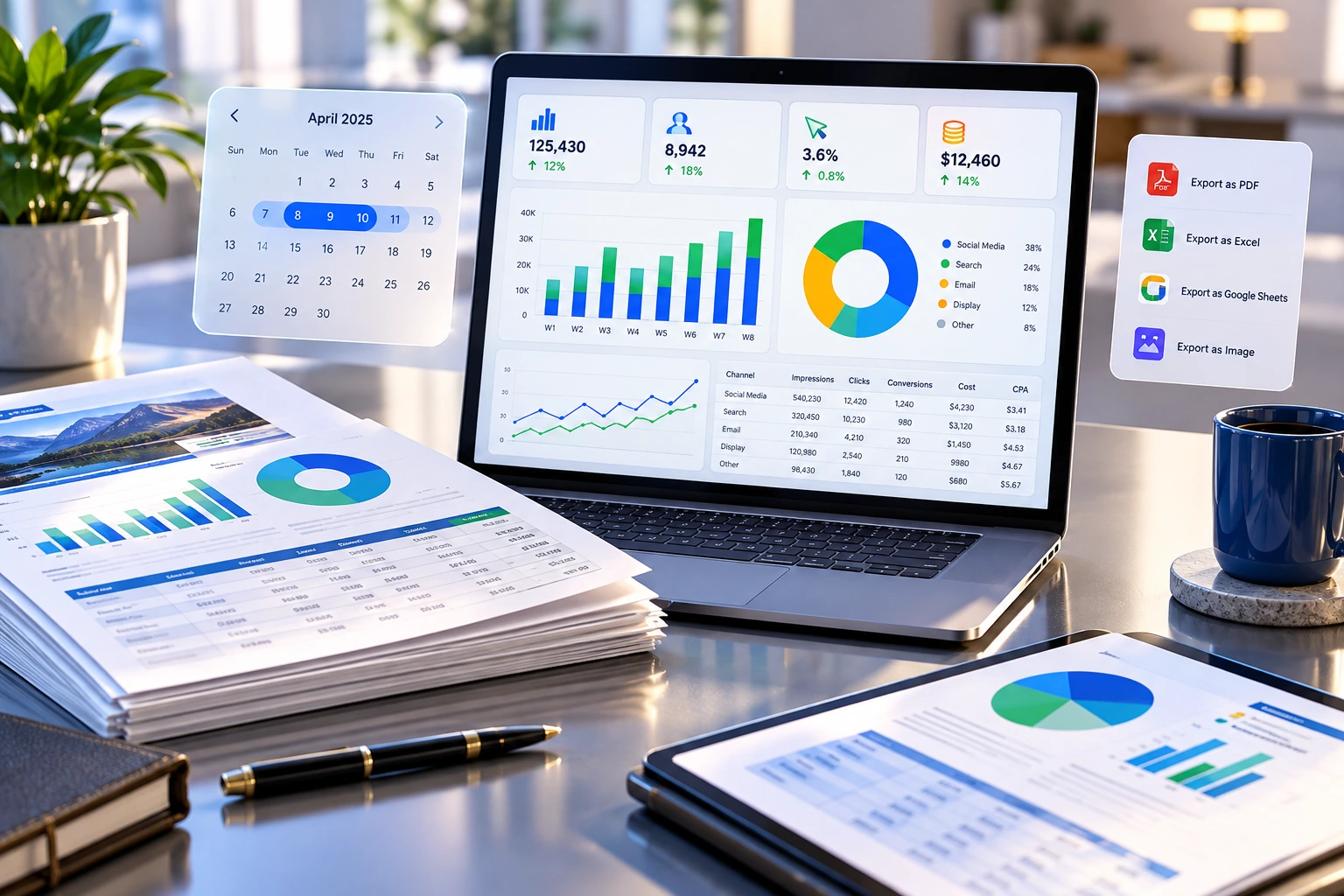 Campaign reporting services – marketing report with bar and pie charts