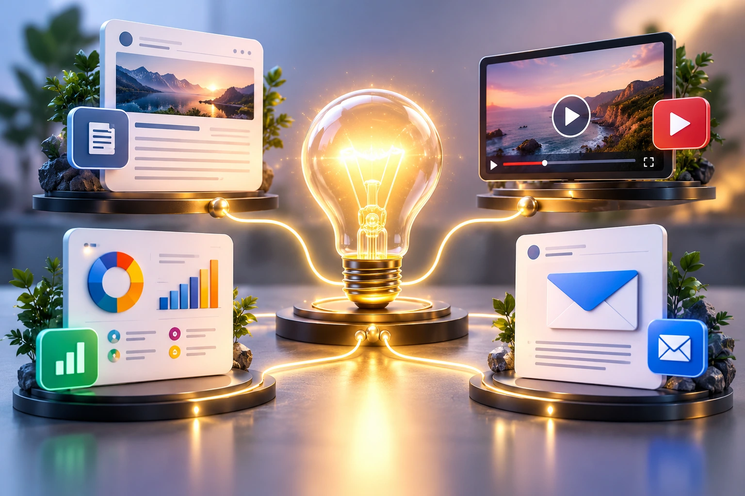 Content marketing services – blog, video, infographic and email content connected to a central idea