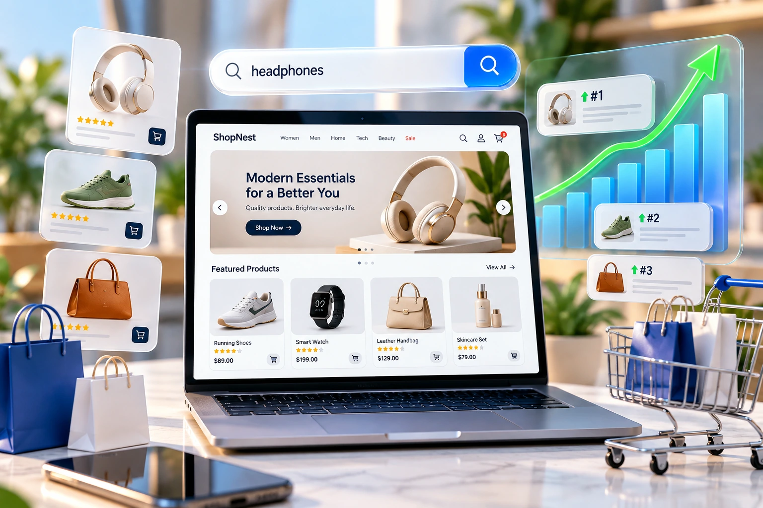 E-commerce SEO services – online store product grid with rising search rankings