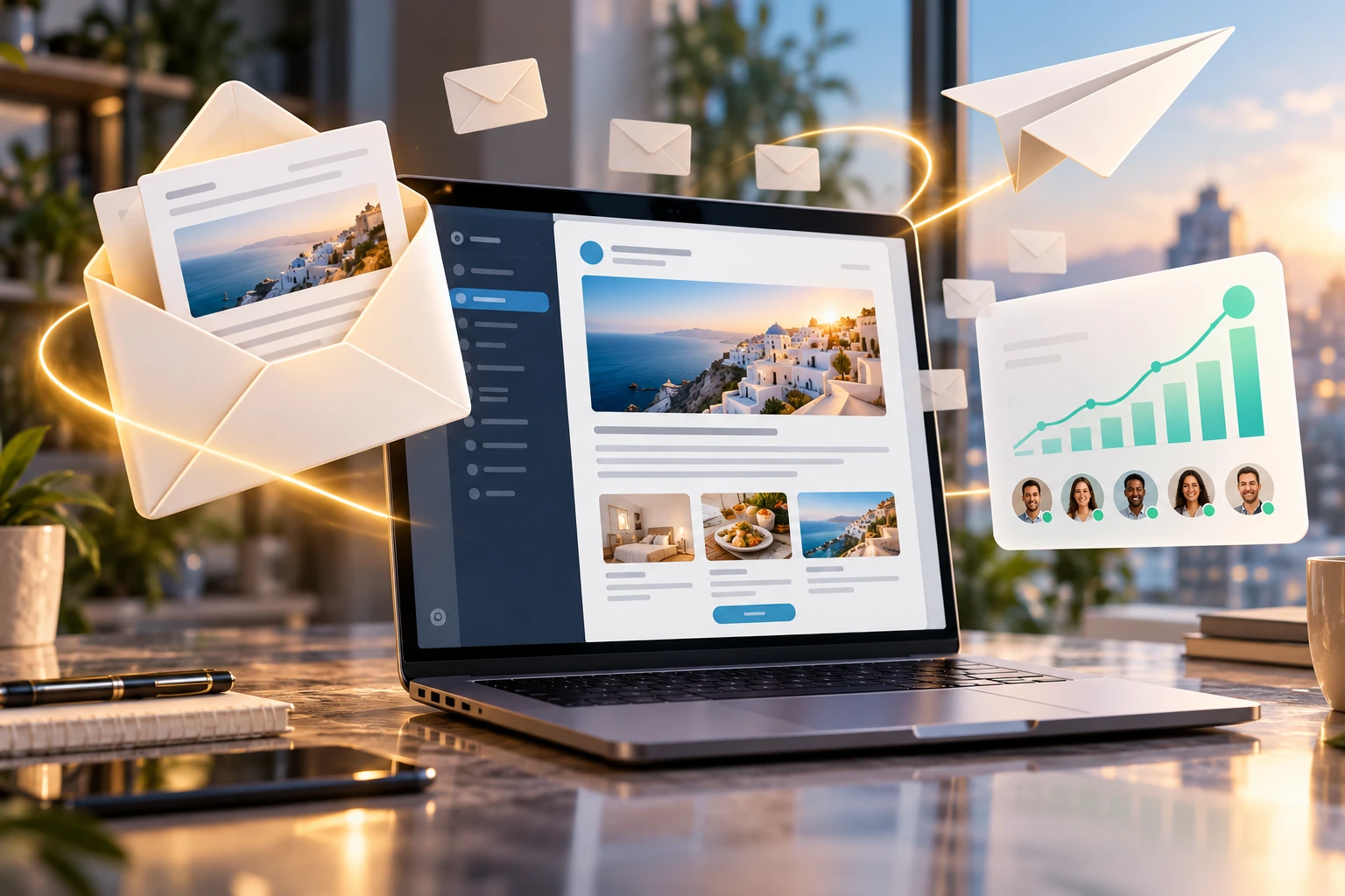 Email marketing services – newsletter on laptop with open envelope, paper plane and open-rate graph