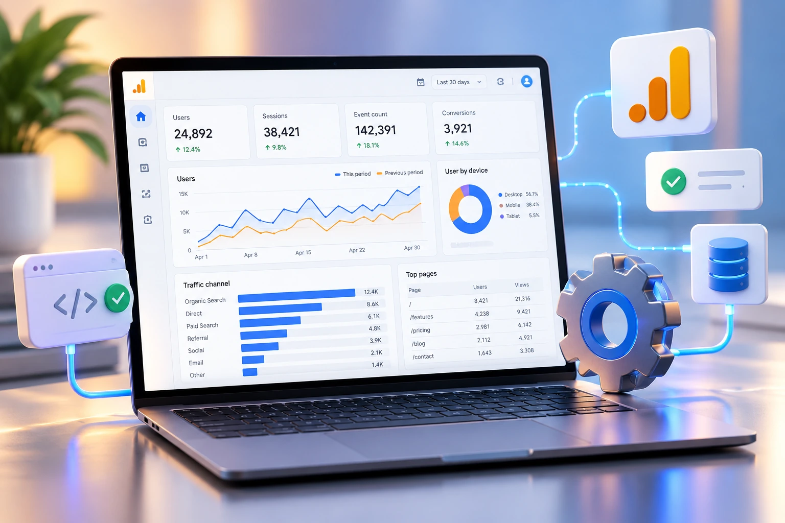 Google Analytics setup services – analytics dashboard with traffic charts and user counter