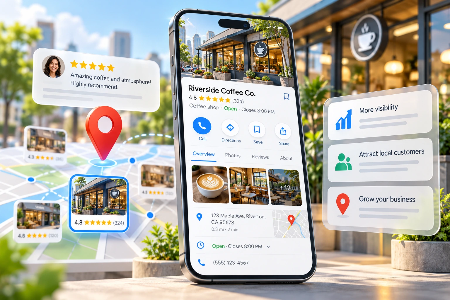 Google Business Profile optimization – business listing with photos, star rating and map pin
