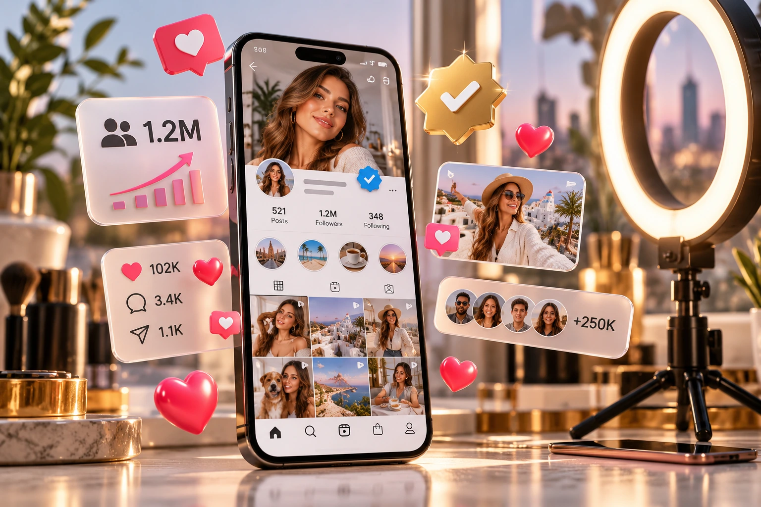 Influencer marketing services – creator profile on smartphone with ring light and follower growth