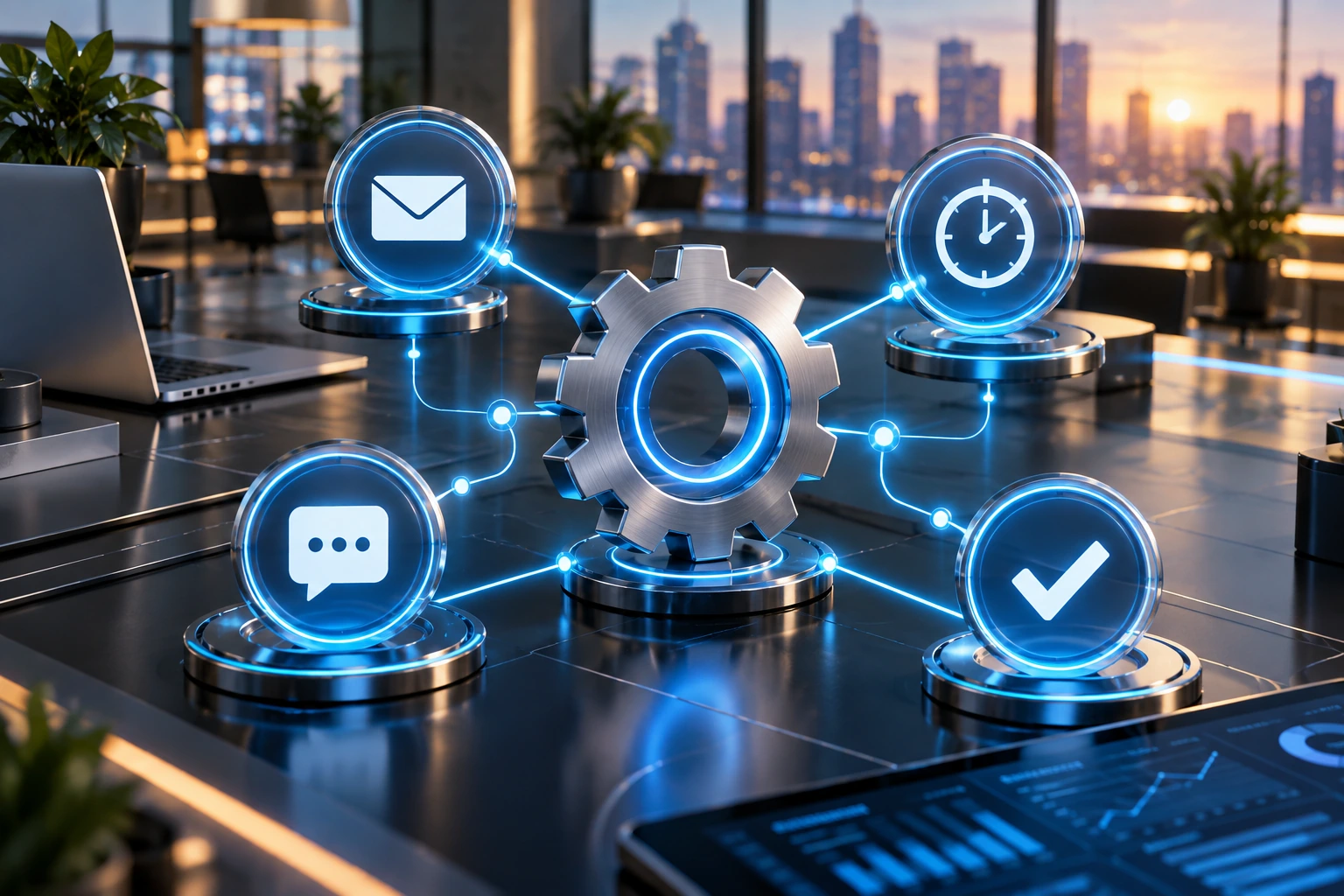 Marketing automation services – connected email, chat and timer workflow around a central gear
