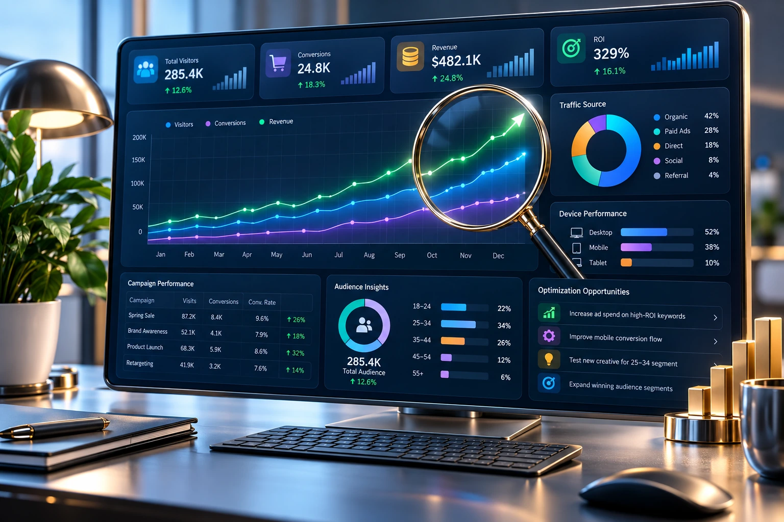 Marketing performance analysis – KPI dashboard with trend line and magnifying glass