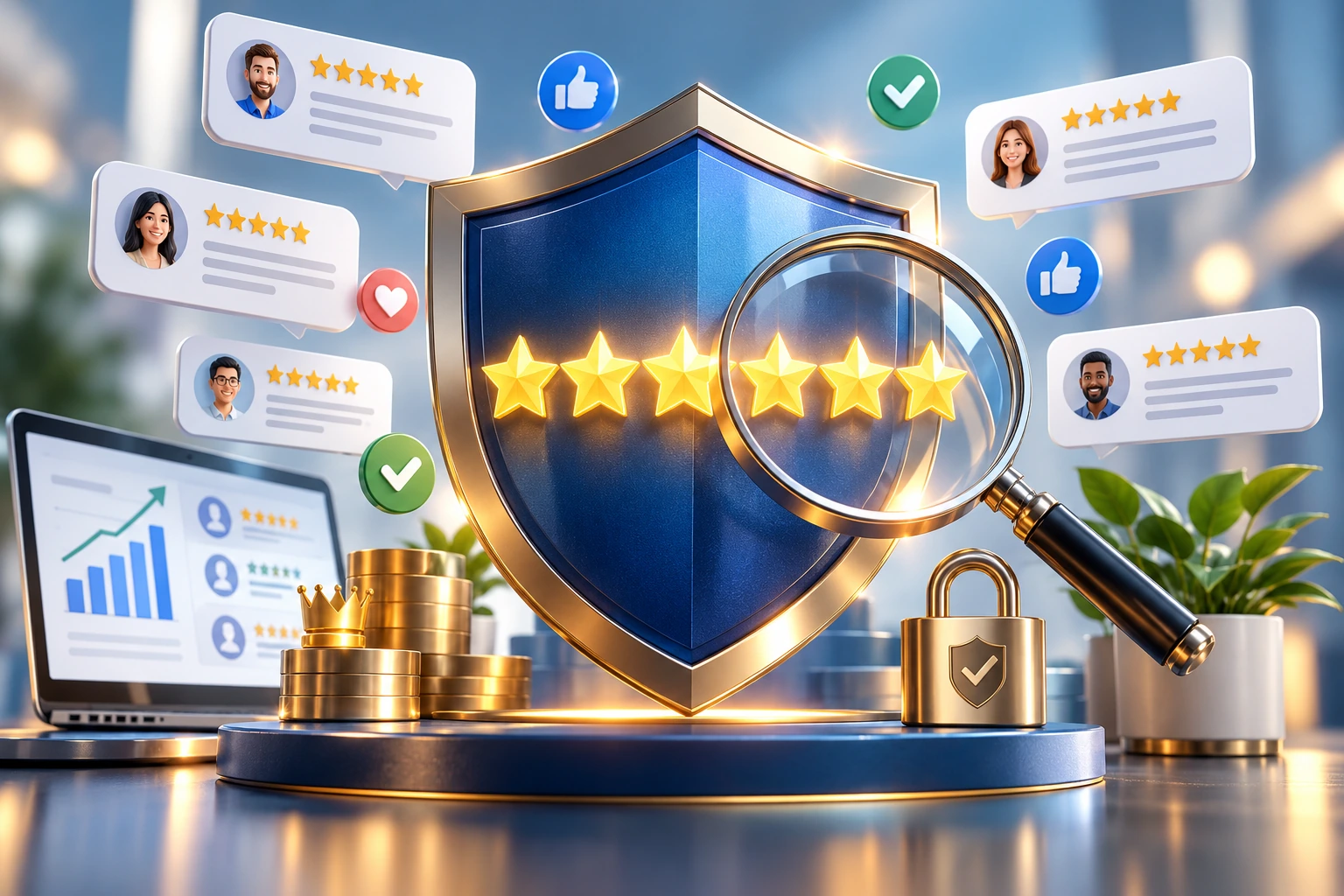 Online reputation management – shield with five-star rating and positive reviews