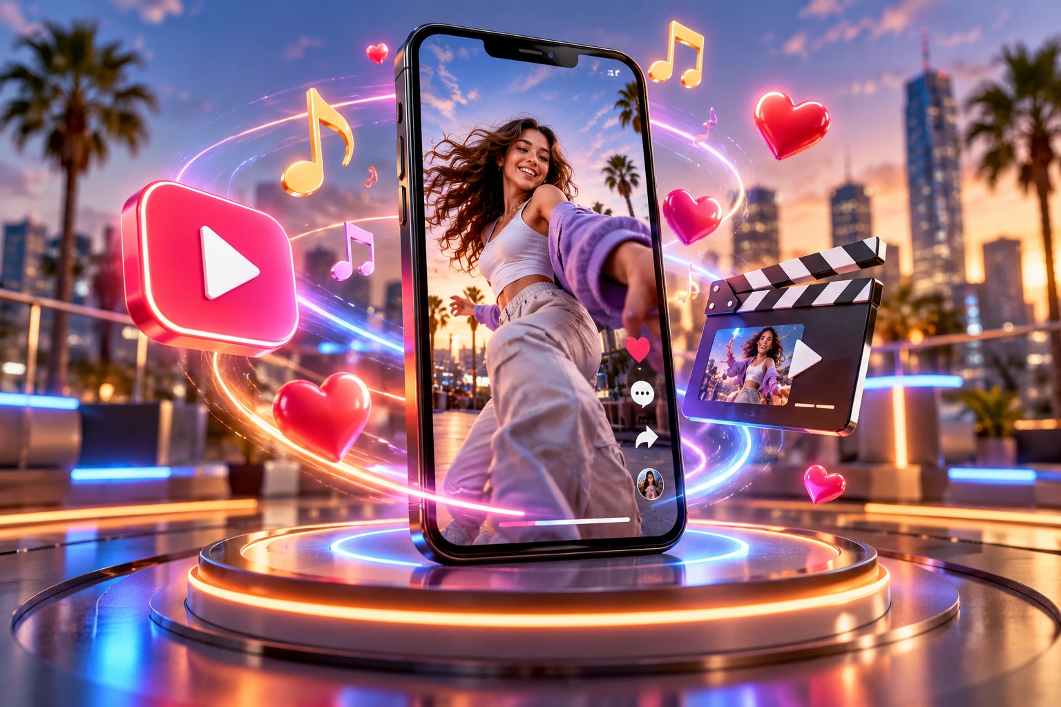 Reels and short video content creation – vertical smartphone video with music and play icons