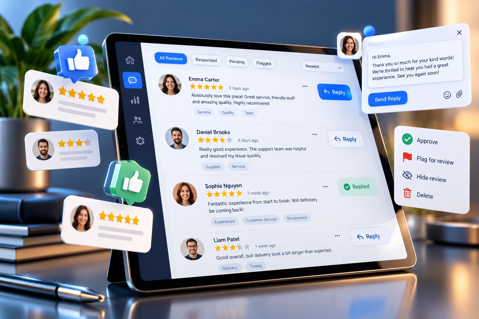 Review management services – customer reviews with star ratings and replies on tablet