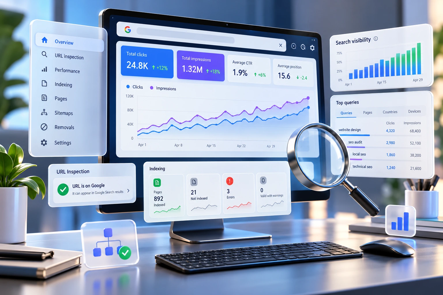 Search Console management – search performance graphs with clicks, impressions and index status