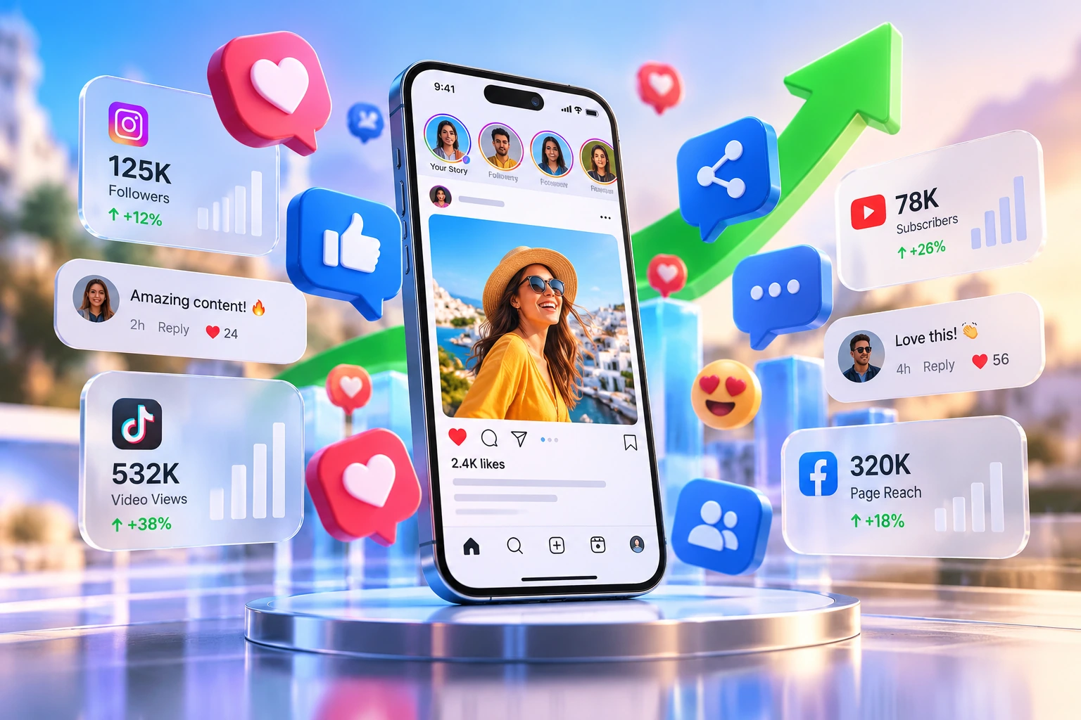 Social media marketing services – smartphone with likes, shares, comments and growth
