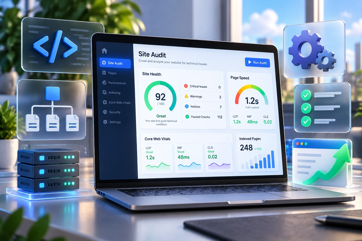 Technical SEO services – website audit dashboard with speed gauge and sitemap