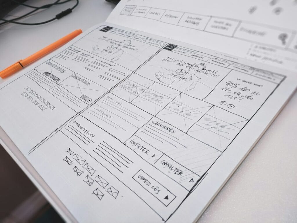 Hand-drawn wireframe on paper for a website design checklist for small business