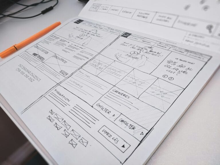 Hand-drawn wireframe on paper for a website design checklist for small business