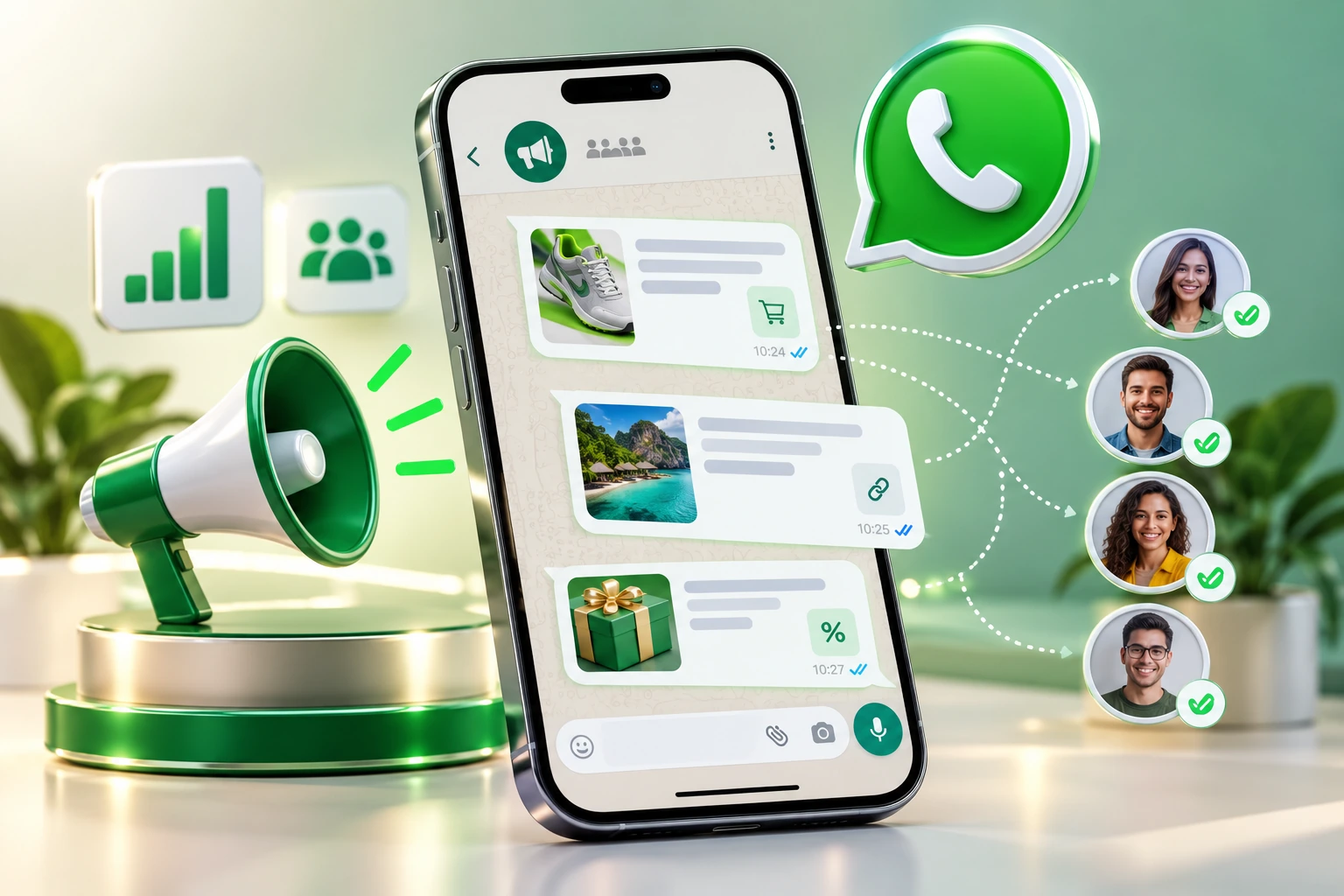 WhatsApp marketing services – broadcast messages on smartphone with chat icons and double ticks
