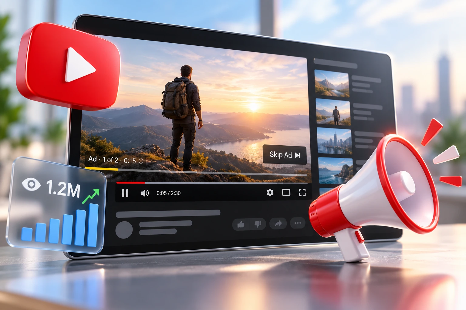 YouTube advertising services – video player with skippable ad and view counter